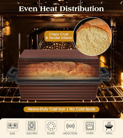 Bachdomc Cast Iron Loaf Pan With Lid, 9×5 in – 2‑in‑1 Heavy‑Duty & Oven‑Safe Loaf Pan for Sourdough & Homemade Bread
