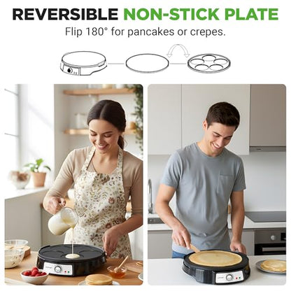 NutriChef Electric Crepe Maker & Griddle Cooktop | Nonstick Reversible 12 Inch Hot Plate with LED Indicator Lights & Adjustable Temperature Control | Wooden Spatula & Batter Spreader Included