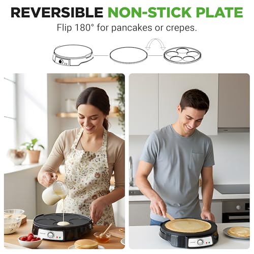 Electric Crepe Maker & Griddle Cooktop | Nonstick Reversible 12 Inch Hot Plate with LED Indicator Lights & Adjustable Temperature Control | Wooden Spatula & Batter Spreader NutriChef Included