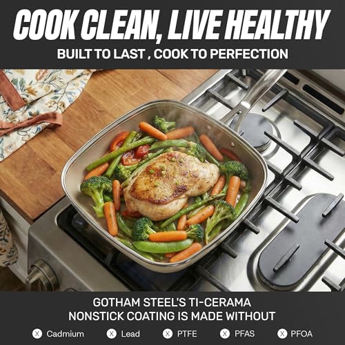 Gotham Steel 12 Pc Ceramic Cookware Set Nonstick, Ceramic Pots and Pans Set Non Stick with Steamer for Cooking, Non Toxic PFOA PFOS Free, Premium Stay Cool Handles, Oven & Dishwasher Safe