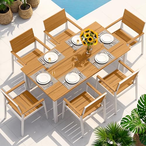 Oasbira Outdoor Dining Set for 6, Patio Table and Chairs Set with Umbrella Hole, 7 Pieces HDPS + Aluminum Outdoor Furniture Sets for Patio, Garden (White & Teak)