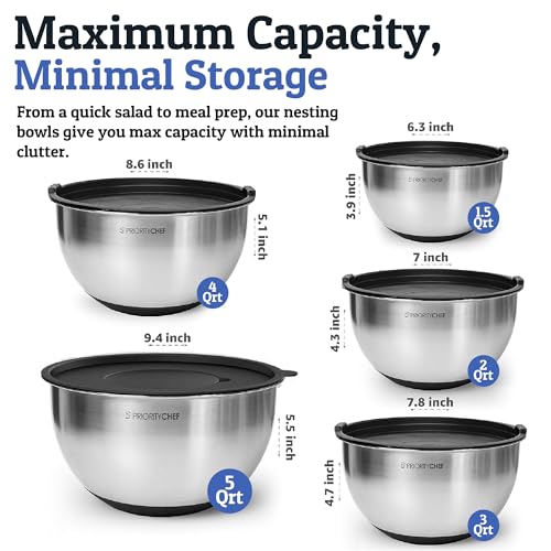 Priority Chef Stainless Steel Mixing Bowls with Lids Set, Metal Nesting Bowls with Airtight Lids, Graters, Non-Slip Base & Measurement Marks, Includes Utensil Set for Prep, Baking & Storage, Black