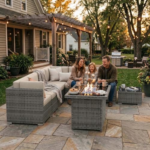 Vakollia 15 Pieces Patio Furniture Set with 44" Propane Gas Fire Pit Table, Outdoor Sectional Wicker Conversation Sofa Sets with Coffee Table
