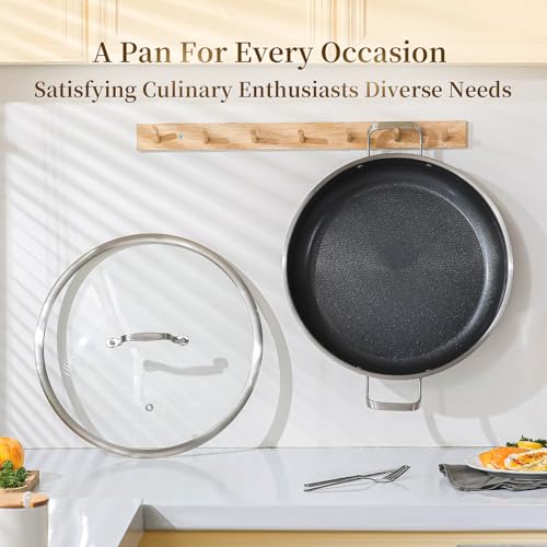 DELARLO Paella Pan 14 Inch Tri-Ply Stainless Steel Paella Pan with Lid Nonstick Frying Pan, Hybird Induction Large Skillets,Great for Paella Parties Indoors Outdoors,Heavy Duty Style