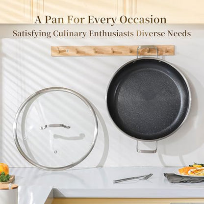 DELARLO Paella Pan 14 Inch Tri-Ply Stainless Steel Paella Pan with Lid Nonstick Frying Pan, Hybird Induction Large Skillets,Great for Paella Parties Indoors Outdoors,Heavy Duty Style