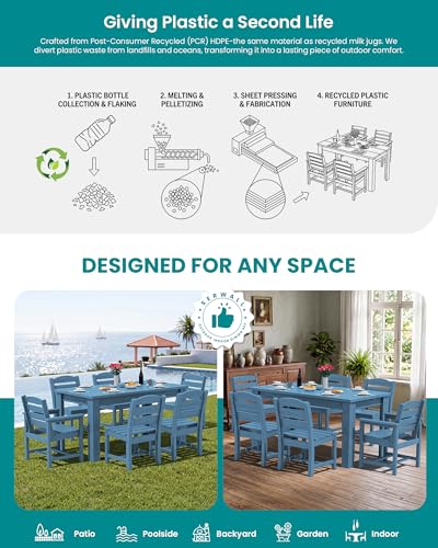 SERWALL 59" HDPE Outdoor Dining Set for 10, w/ 2 Tables & 10 Chairs, Blue