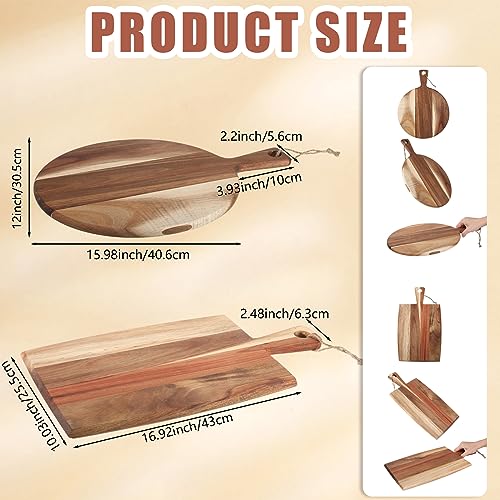 Hsei 2 Pcs Acacia Wood Cutting Board with Handle Wooden Charcuterie Board Large Paddle Carving Chopping Set Butter Serving Tray for Cheese Meat Fruit Pizza Bread Baking(Classic Handle)