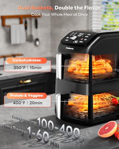 12QT Large Double Air Fryer, Family-Size Dual Airfryer with 2 Baskets, SyncHeat Even Heating, Stacked Compact Design, Smart Finish & Match Cook, PFAS-Free Nonstick, Dishwasher-Safe, Black