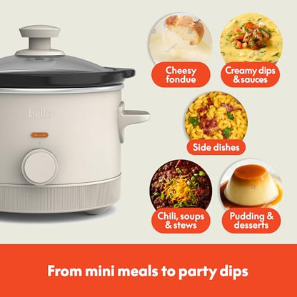 bella 1.5 Qt Slow Cooker with 3 Heat Manual Control, Ceramic Nonstick Coating, Dishwasher Safe Stoneware Pot and Tempered Glass Lid, Tangle Free Cord Wrap & Cool Touch Handles, Oatmilk