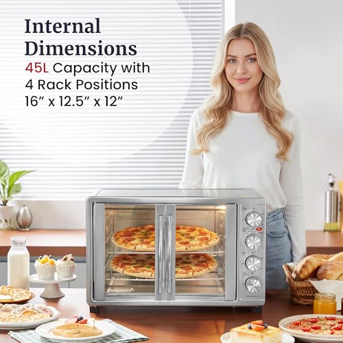 Elite Gourmet ETO4510B# French Door 47.5Qt, 18-Slice Convection Oven 4-Control Knobs, Bake Broil Toast Rotisserie Keep Warm, Includes 2 x 12" Pizza Racks, Stainless Steel