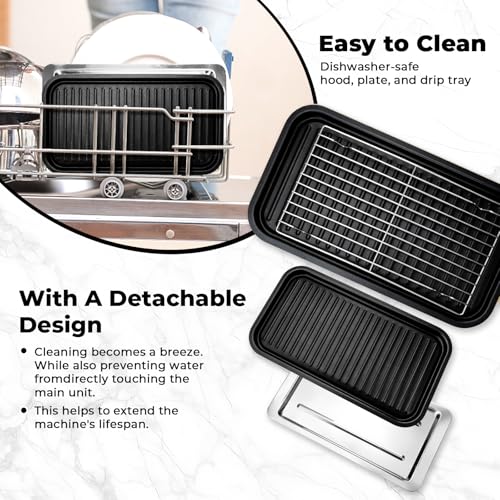 Pukomc Electric Indoor Grill,2 in 1 Indoor Grills for Kitchen with Grill Net & Non-Stick Cooking Removable Plate, Temperature Control, Dishwasher Safe, 1800W Large Smokeless Griddle Black