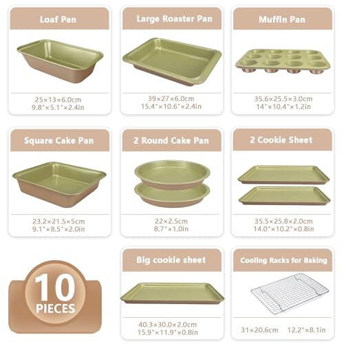 BETTERBEAUTY Nonstick Bakeware Set 10 Pcs, Professional Kitchen Bicolor Baking Pans Set with Cookie Sheets, Muffin Pan, Loaf Pan, Cake Pan and Cooling Rack, Dishwasher Safe, 0.8mm Thick, Heavy Duty