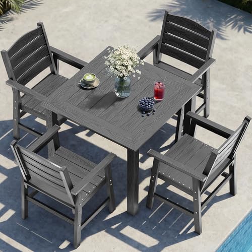 YEFU HIPS Outdoor Table and Chairs : Square Family-Friendly Patio Dining Sets - 5-Piece All-Weather Easy-Clean Outdoor Dining Set - Modern Furniture for Garden Deck Backyard Poolside（Grey）