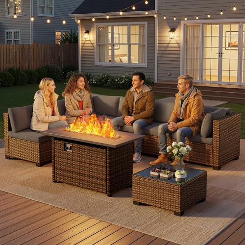 Qsun 8 Pieces Outdoor Patio Furniture Set with 44.9" Fire Pit Table, All-Weather Wicker Outdoor Patio Sectional Set with Coffee Table, for Garden, Backyard, Grey