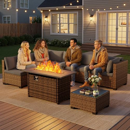 Qsun 8 Pieces Outdoor Patio Furniture Set with 44.9" Fire Pit Table, All-Weather Wicker Outdoor Patio Sectional Set with Coffee Table, for Garden, Backyard, Grey