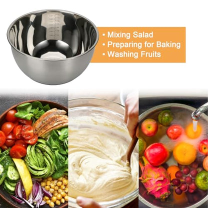 GreatChef Mixing Bowls Stainless Steel Set of 9-1.5, 3.0, 5QT Bowl and Graters, with Airtight Lids, Non-slip Base, Metal Nesting, Storage, Salad, Baking, Elegance in Every Mix & Serving