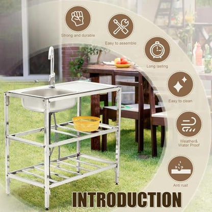 DYRABREST 75x40x78cm Outdoor Kitchen Sink with Workstation, Heavy-Duty Stainless Steel Freestanding Sink with 2-Tier Storage Racks, 360° Swivel Faucet, Adjustable Feet for Backyards, Cafes