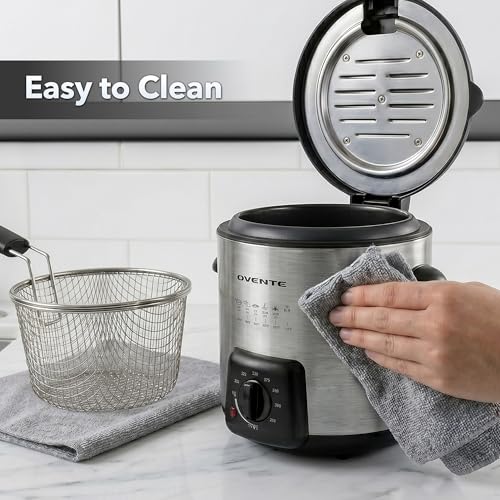 OVENTE Electric Deep Fryer 0.9L Capacity with Locking Lid, Adjustable Temperature Knob, Removable Frying Basket and Cool Touch Handle, 840W Power, Easy to Clean Stainless Steel Body, Silver FDM1091BR
