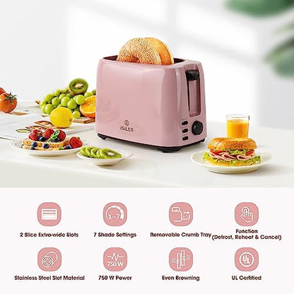 iSiLER 2 Slice Toaster, 1.3 Inches Wide Slot Bagel Toaster with 7 Shade Settings and Double Side Baking, Removable Crumb Tray, Defrost Cancel Function Pink