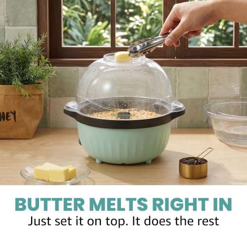 Elite Gourmet 4.5Qt. Stirring Popcorn Maker with Ceramic Coated Plate, Stirring Rod, Clear Cover Doubles as Serving Bowl, Butter Melting Tray, Up to 18 Cups, Makes Fresh Buttery Popcorn, Mint