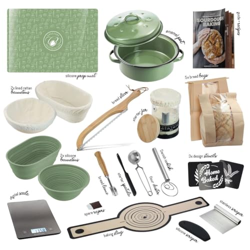 CraftZee All-Inclusive 𝗣𝗥𝗘𝗠𝗜𝗨𝗠 Sourdough Starter Kit with Pot, 34 Oz Starter Jar, 4 Banneton Bread Proofing Baskets, Scraper, Scale, Sourdough Bread Baking Supplies, Beginner Guide & Recipes