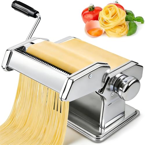 AIMEIKI Manual Pasta Maker Machine, Stainless Steel Pasta Maker with 9 Adjustable Thickness Settings 2 in 1 Noodle Maker with Rollers and Cutter, Perfect for Spaghetti, Fettuccini, Lasagna & More