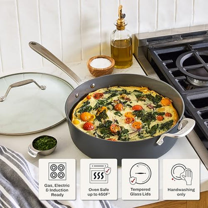 All-Clad HA1® Ceramic Nonstick, Saute Pan with Lid 6 Quart - Oven Safe up to 450° & Compatible with All Stovetops (Gas, Electric & Induction) Light Grey