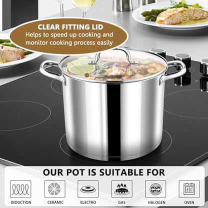 P&P CHEF 10 QT Stock Pot with Lid, Stainless Steel Large Cooking Pot, Soup Canning Stockpot for Stewing Simmering, Tri-ply Bottom for All Stoves, Heavy-Duty &Dishwasher Safe & Food-Grade