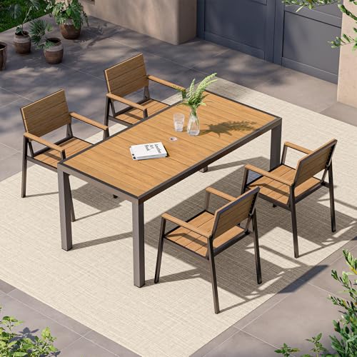 Vexwalx 5-Piece Outdoor Dining Set, Aluminum Dining Table Set for 4, Patio Table and Chairs Set with Umbrella Hole, All Weather HDPS Outdoor Table and Chairs for 4 (Gray-Teak)