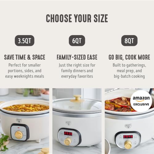GreenLife 6QT Slow Cooker, Non-Toxic PFAS-Free Ceramic Nonstick Removable Interior Bowl, Programmable, Family Friendly, Keep Warm, Stovetop & Oven Safe, Dishwasher Safe Crock, Timer, Glass Lid, Cream