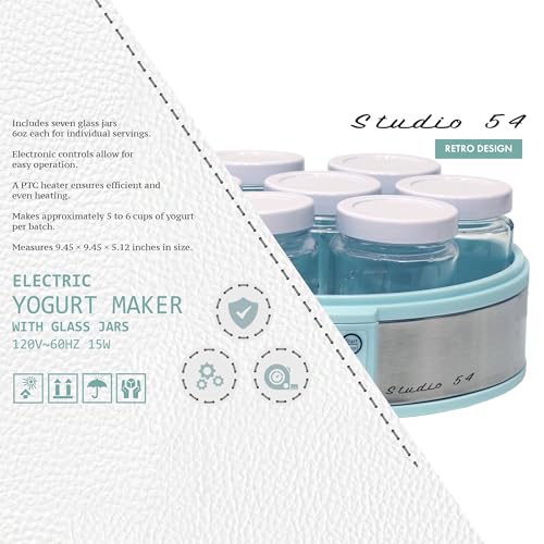 Studio 54 Yogurt Maker Machine with 7 Reusable Glass Jars (6oz Each), Probiotic Greek Yogurt Maker with Precise Time & Temperature Controls, Retro Blue Digital Yogurt Maker