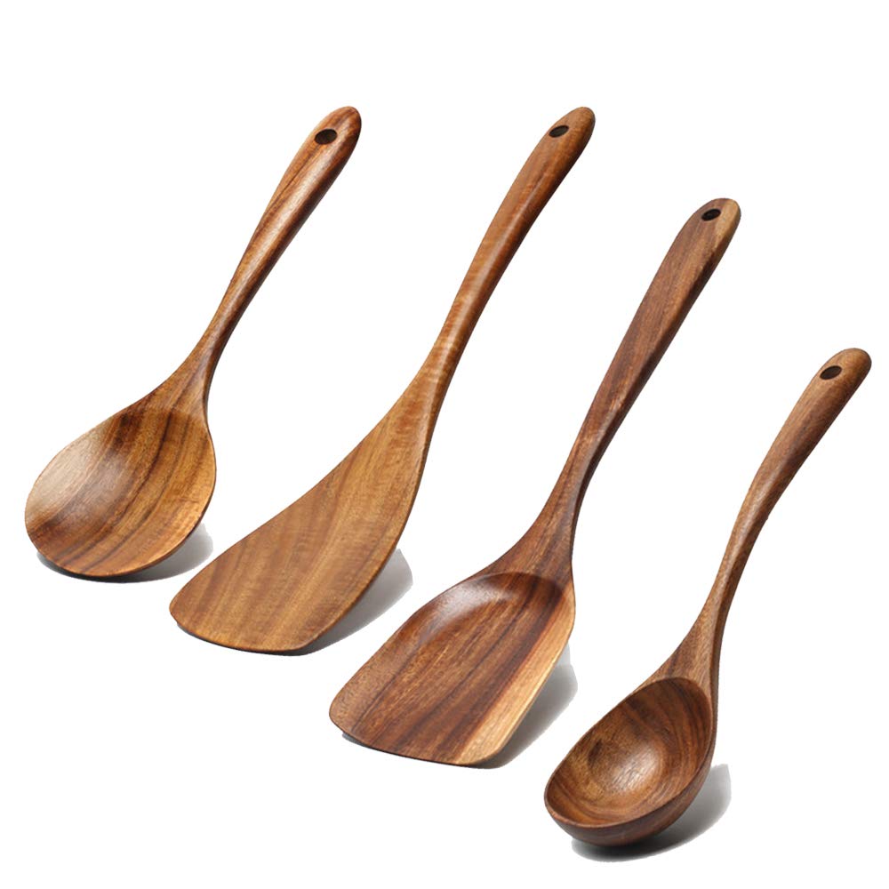 5 Pcs Best Wooden Spoons for Cooking Kitchen Utensils Set Non Stick Spoon Acacia Wood Utensil Cooking Spatula Turner Slotted Spoon Flat Wooden Spatula Set Mixing Cooking Spoons Kitchen Utensils