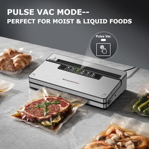 Bonsenkitchen Vacuum Sealer Machine with 1 Roll & 5 Airtight Bags, 5 Vacuum Modes, 80 kPa Powerful Suction, Built-in Cutter & Bag Storage – Silver