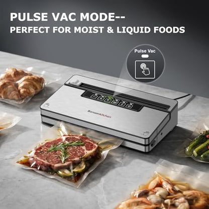 Bonsenkitchen Vacuum Sealer Machine with 1 Roll & 5 Airtight Bags, 5 Vacuum Modes, 80 kPa Powerful Suction, Built-in Cutter & Bag Storage – Silver