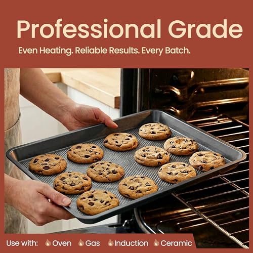Diamond Bottom Cookie Sheet Set of 2, Nonstick Gray Carbon Steel Baking Pans for Crisp Baking, Space-Saving Stackable Trays, PFOA, PFOS, PTFE Free, Oven Safe Up to 450°F, Small & Medium Pans