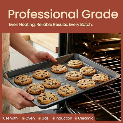 Diamond Bottom Cookie Sheet Set of 2, Nonstick Gray Carbon Steel Baking Pans for Crisp Baking, Space-Saving Stackable Trays, PFOA, PFOS, PTFE Free, Oven Safe Up to 450°F, Small & Medium Pans