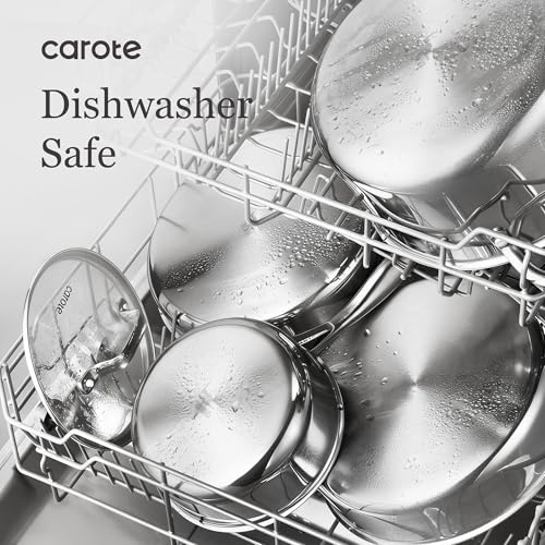 CAROTE 21pcs Tri-Ply Stainless Steel Cookware Set, Pots and Pans Set, Non Toxic Induction Kitchen Cooking Sets, Cookware Collection, Mirror Polish, Silver, Mothers Day Gifts
