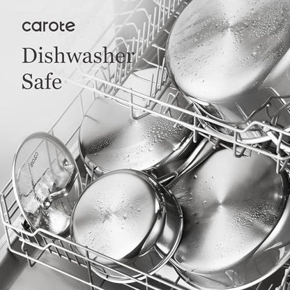 CAROTE 21pcs Tri-Ply Stainless Steel Cookware Set, Pots and Pans Set, Non Toxic Induction Kitchen Cooking Sets, Cookware Collection, Mirror Polish, Silver, Mothers Day Gifts