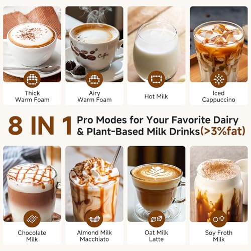 AMZCHEF Electric Milk Frother and Steamer, 600W Hot and Cold Foam Maker, 8 Modes, One-Button Control, 17oz Milk Warmer for Coffee, Lattes, Cappuccinos, Macchiatos, Detachable Stainless Steel Pitcher