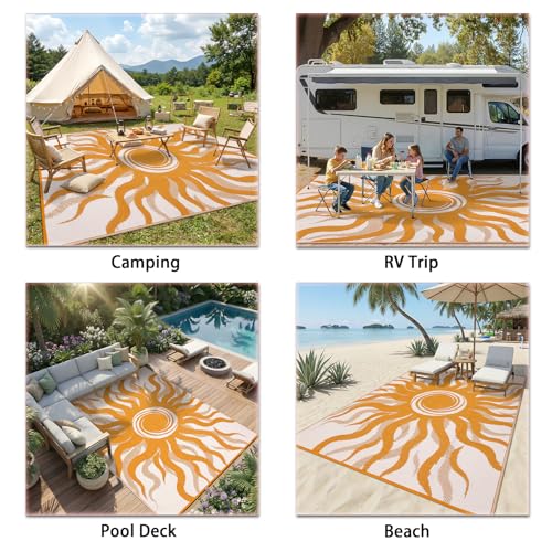 Garvee Outdoor Rug 5x8 Waterproof Patio Rugs with Boho Sun Pattern, Reversible Plastic Straw Camping Rugs Outdoor Indoor RV Mat Carpet for Deck, Backyard, Picnic, Porch, Balcony, Beach, Orange