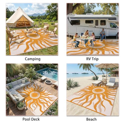 Garvee Outdoor Rug 5x8 Waterproof Patio Rugs with Boho Sun Pattern, Reversible Plastic Straw Camping Rugs Outdoor Indoor RV Mat Carpet for Deck, Backyard, Picnic, Porch, Balcony, Beach, Orange