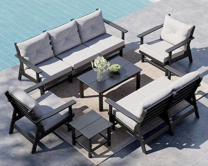 GREENVINES 9 Piece Patio Conversation Set, HDPE All Weather Couches, Black