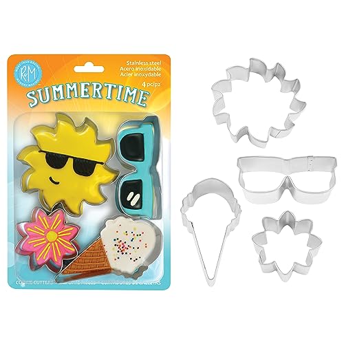 R&M Summer Time Cookie Cutters, Ice Cream Cone, Sun, Sunglasses, Ice Cream Cone Cookie Cutter Set, 4-Piece, Silver