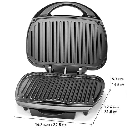SugarWhisk Family-sized Contact Grill, 6-Serving Electric Indoor Grill with Adjustable Temp Control, Ceramic Coating, 1500W, Graphite