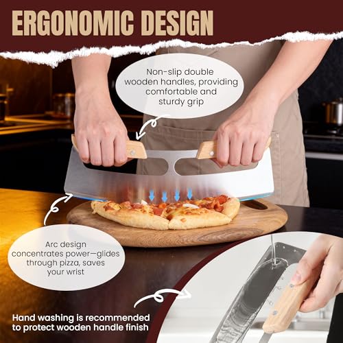 Gicyiit Pizza Cutter Rocker Blade with Wooden Handle, Premium 14inch Pizza Knife Rocker Cutter with Sharp Stainless Steel Blade and Protective Cover, Slicing Through Crust in One Single Rocking Motion