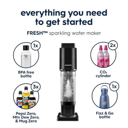 Sodastream Fresh | Soda Machine Sparkling Water Maker Value Bundle (Black) With 2x 60L CO2 Canisters, 1x Carbonating Bottle, 1x Fizz & Go Cool Metal Bottle (Storm) and 3x Zero Flavors