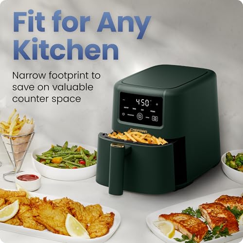Chefman Compact Air Fryer 3.5 QT - Slim Design Fits Small Kitchens, 4-in-1 Air Fry, Bake, Dehydrate, Frozen, 450°F Max Temp, Narrow Footprint Saves Counter Space, Nonstick Ceramic, Dishwasher-Safe