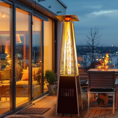 PATIOPIA 48,000 BTU Flame Pyramid Pool Heater With Cover, Triple Safety Protection Portable Patio Heater with Patio Cover, Warm Glass Tube with Durable Wheels-Brown