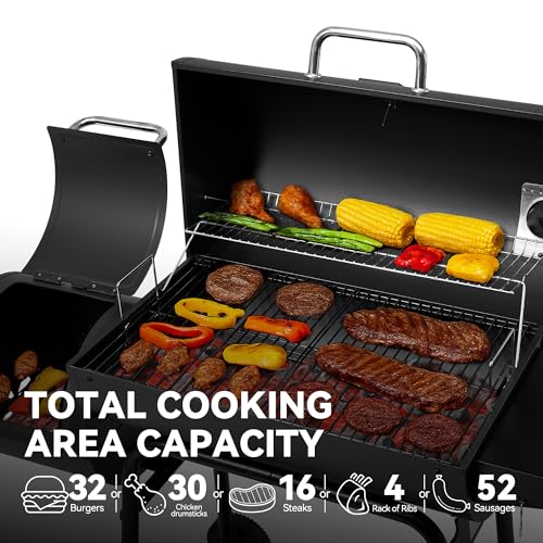Royal Gourmet CC1830M 30 Inch Barrel Charcoal Grill with Offset Smoker & Warming Rack, Outdoor BBQ Grill with 811 Sq. In. Grilling Space for Backyard, Patio and Parties, Black