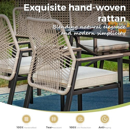 MIXPATIO 7 Pieces Outdoor Dining Set for 6, Patio Dining Set Wicker Rattan Chairs with Soft Cushion and Metal Rectangular Table, Wicker Patio Table and Chairs for Backyard Porch